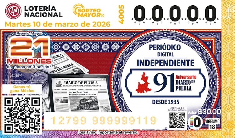 El Sorteo Mayor 4005 está dedicado al 91° aniversario del Diario de Puebla.