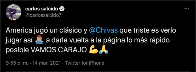 Carlos Salcido felicitó al América por el triunfo en el Clásico Nacional ante Chivas.