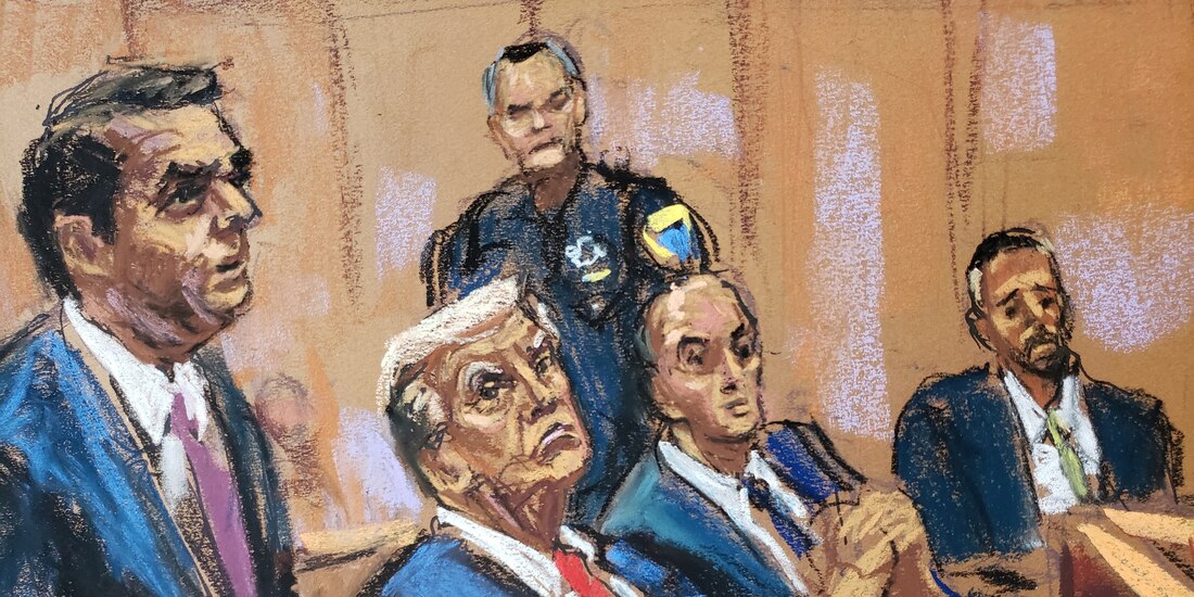 El aspirante republicano Donald Trump en la audiencia de ayer, según un dibujante.