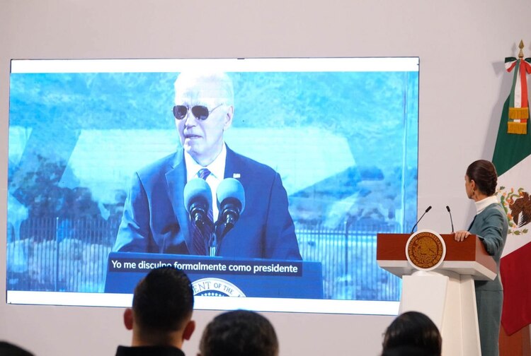 Claudia Sheinbaum se refiere al presidente de Estados Unidos, Joe Biden, durante la Mañanera del Pueblo. Foto: Cuartoscuro