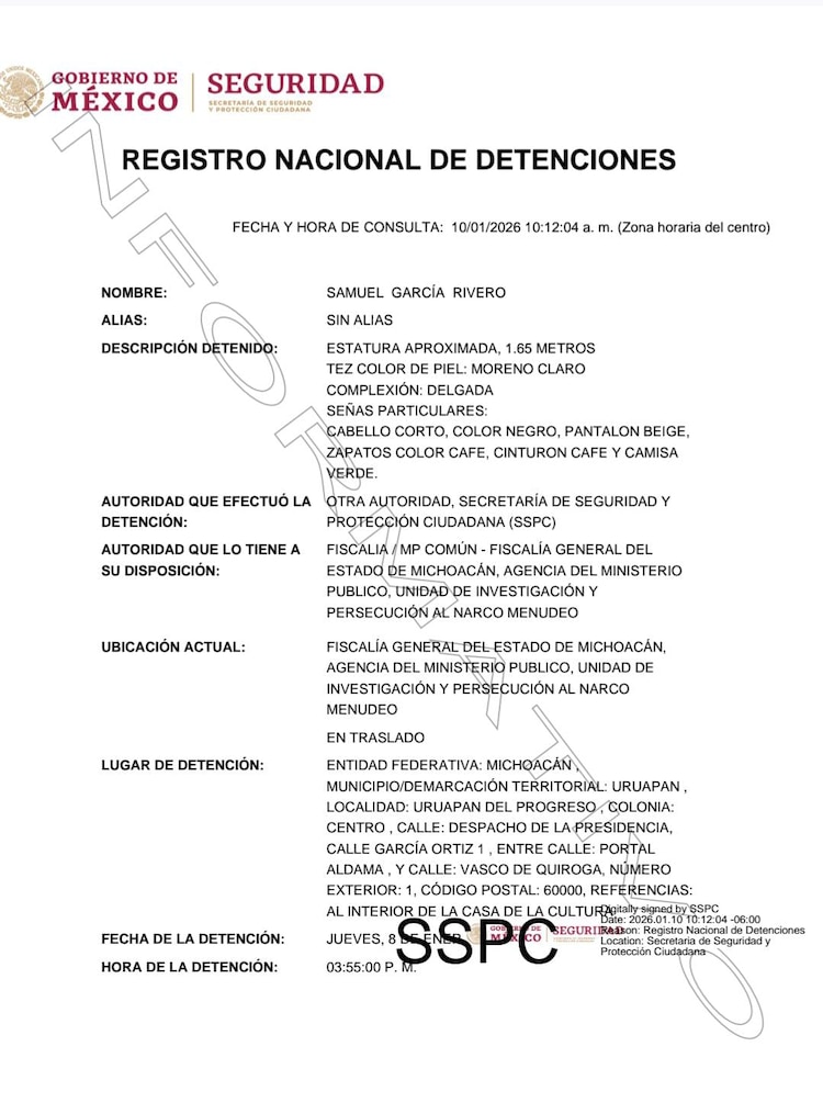 Ficha del Registro Nacional de Detenciones sobre Samuel "N", funcionario del ayuntamiento de Uruapan.