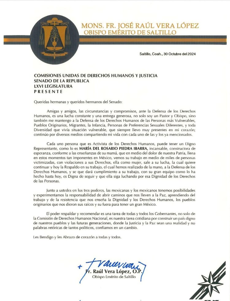 La carta de supuesto apoyo del obispo Raúl Vera fue desmentida por el religioso.