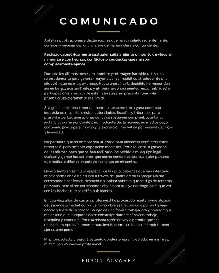 Edson Álvarez subió este comunicado a sus redes sociales.