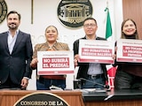 Conferencia de prensa del grupo parlamentario de Morena en el Congreso de la CDMX, ayer.