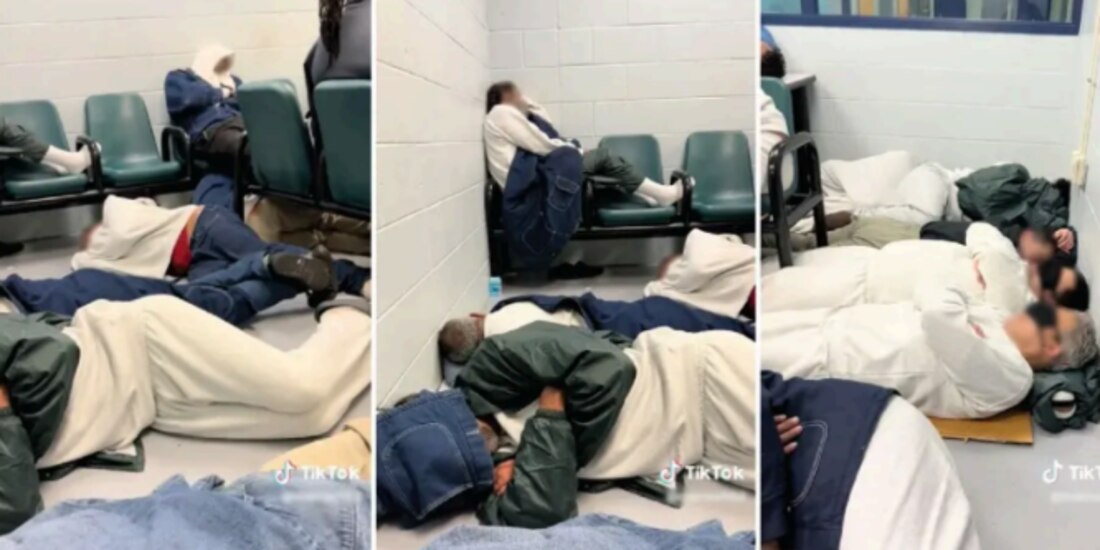 Capturas de pantalla de un video publicado en TikTok en el que se ve una celda hacinada, aparentemente en el centro de detención de Krome, a finales de marzo.