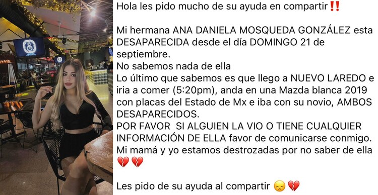 Ana Mosqueda continúa desaparecida, viajaba con su novio en un auto blanco