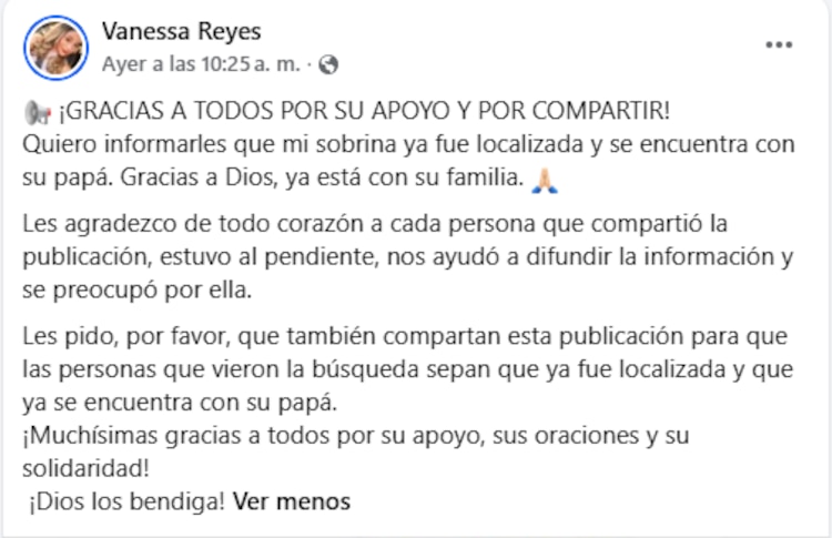 Comunicado de la familia de la menor