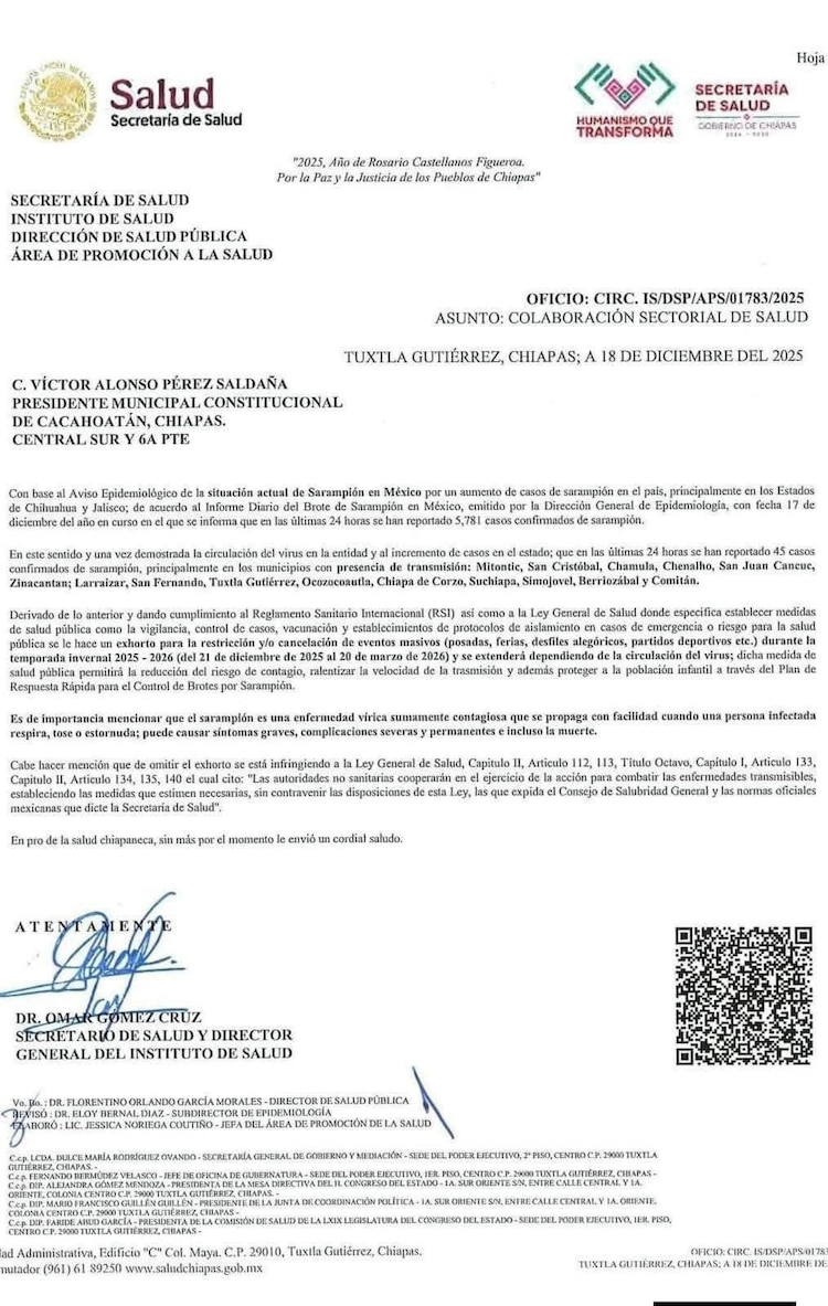 Comunicado de la Secretaria de Salud Chiapas sobre contagios de sarampión