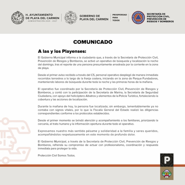 Comunicado del Ayuntamiento de Playa del Carmen.