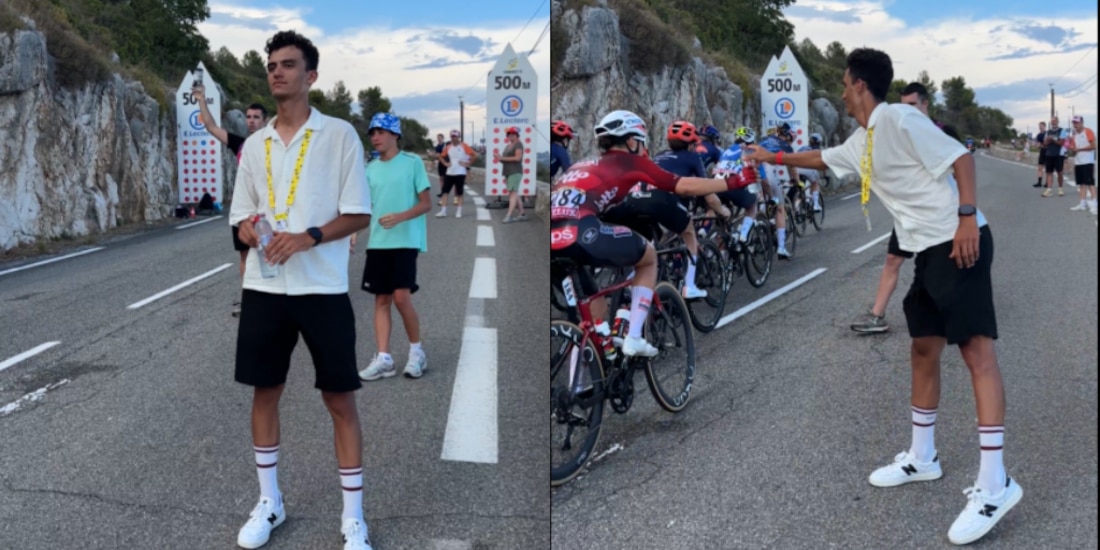 Isaac del Toro apoyando a Romina Hinojosa durante el Tour de France.