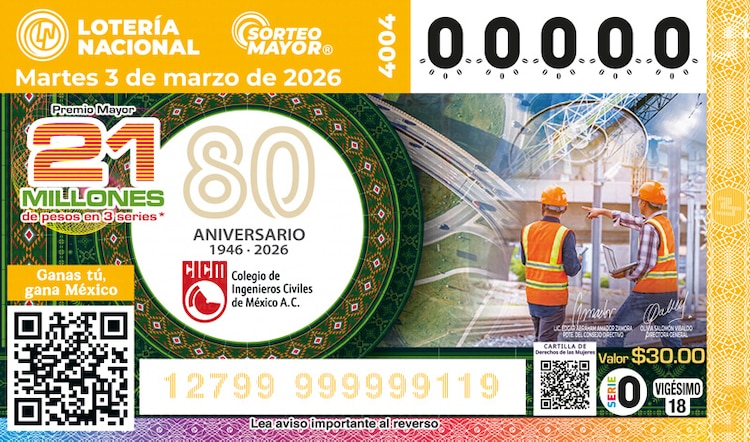 El Sorteo Mayor 4004 está dedicado al 80 aniversario del Colegio de Ingenieros Civiles de México.