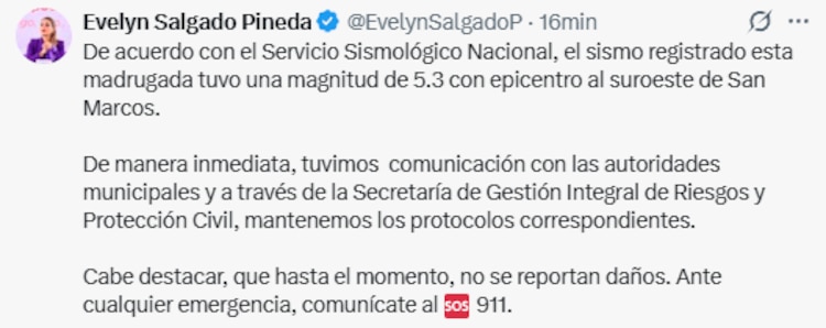 El mensaje de la gobernadora de Guerrero tras el sismo del 16 de enero de 2026