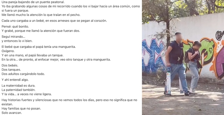 Publicación de la pareja que cargaba a bebés conectados a tanques de oxígeno