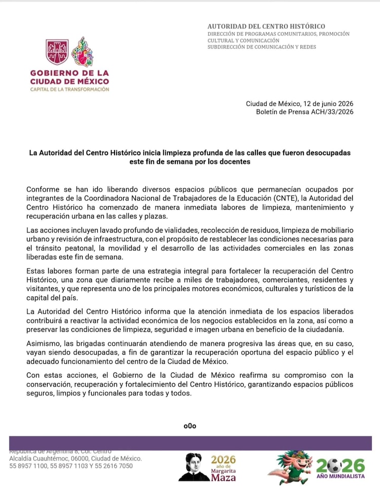 Comunicado sobre las labores de limpieza.