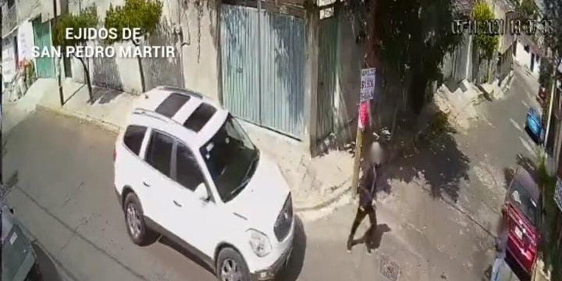 Un cómplice arranca la camioneta mientras el otro amenaza a la mujer.