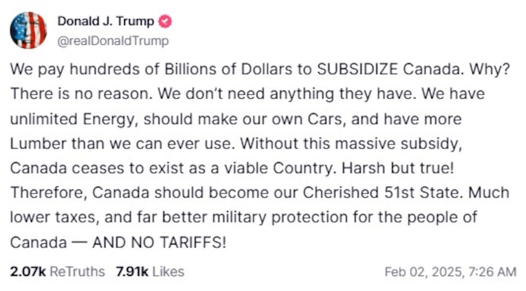 Mensaje de Trump en Truth, sobre Canadá.