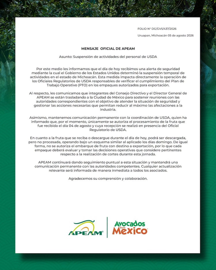 Comunicado de la Asociación Productores y Empacadores Exportadores de Aguacate de México