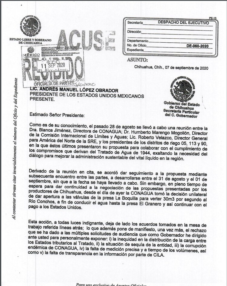 Oficio enviado por el gobernador Javier Corral a Presidencia.