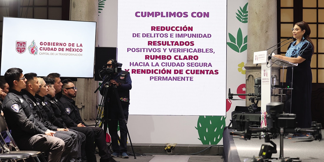 Clara Brugada durante el informe de seguridad correspondiente a julio, ayer.