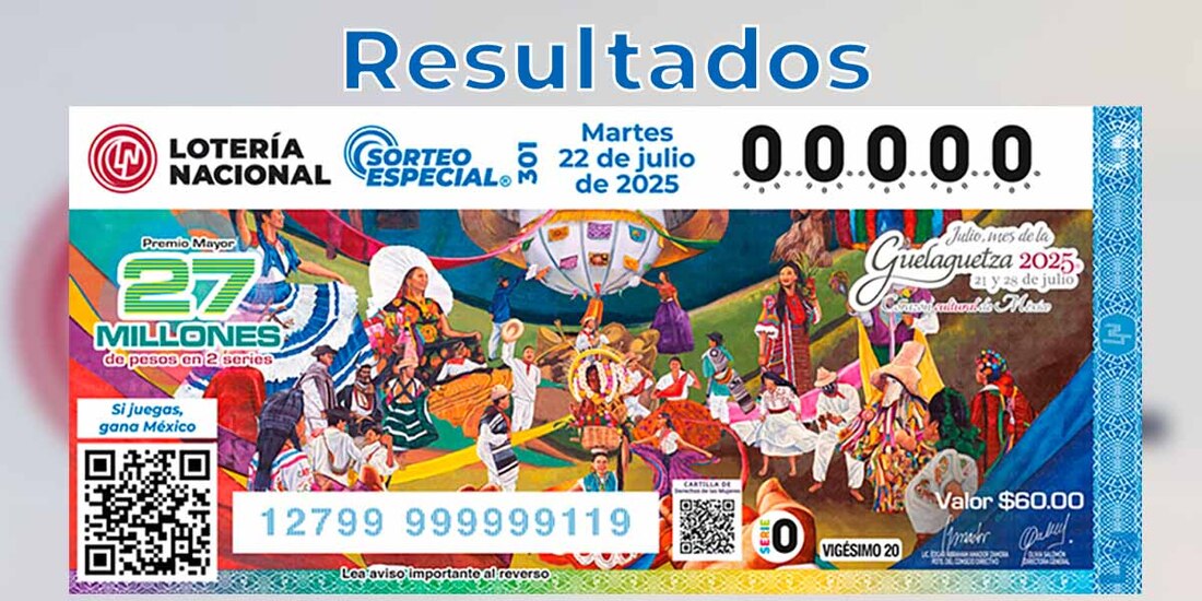 Sorteo Especial 301: Resultados del 22 de julio del 2025 de Lotería Nacional.